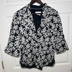By Anthropologie Black White Leaf Embroidered V-Neck Blouse 3/4 Bell Sleeve XS